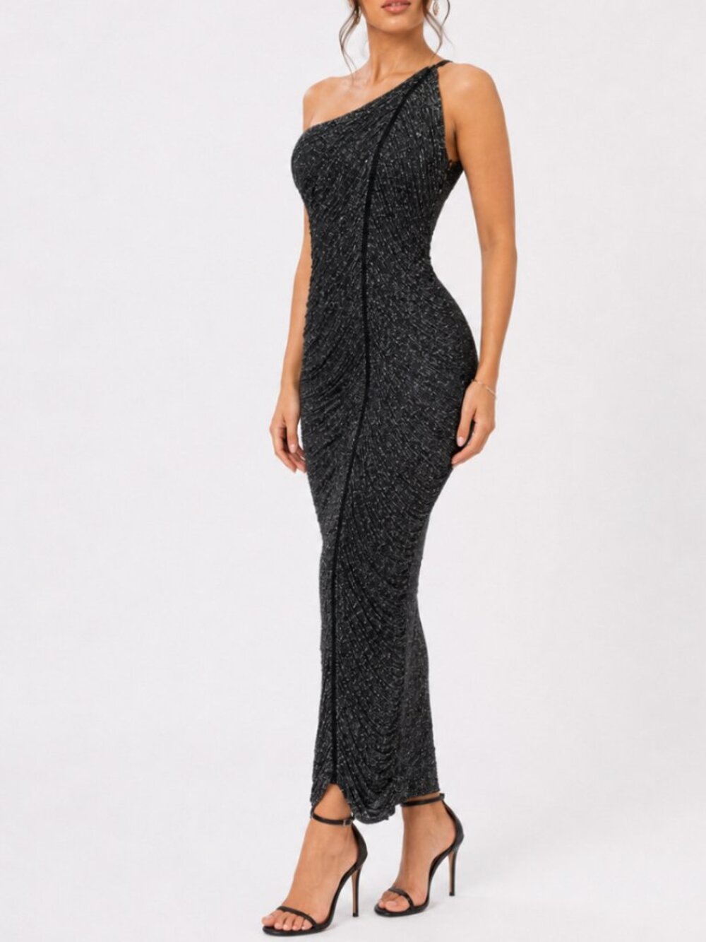 Sexy Black Shimmer One Shoulder Fringe Bodycon Maxi Evening Dress